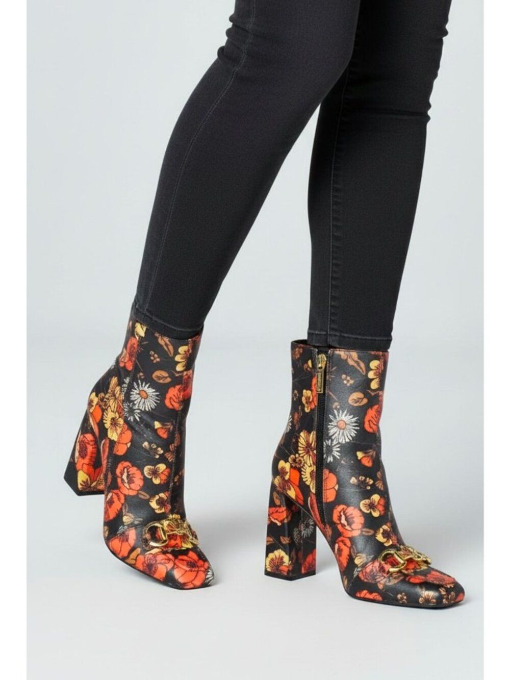 Floral Block Heel Ankle Boots With Gold Buckle Detailing